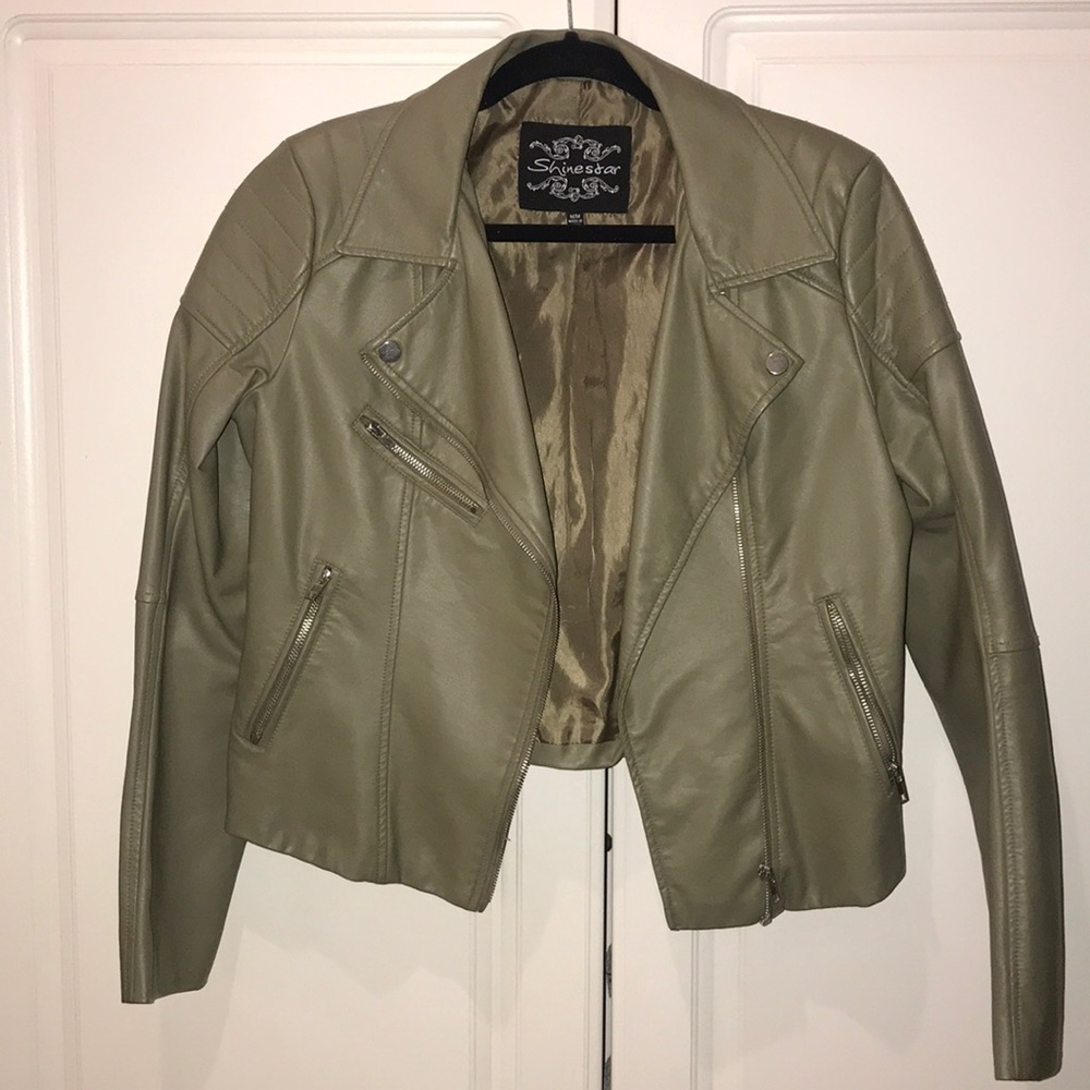 Army Green Faux Leather Moto Jacket